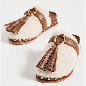 Revolve Ulla Johnson Ruby Shearling Leather Tassel Slide Mules in Cream Brown